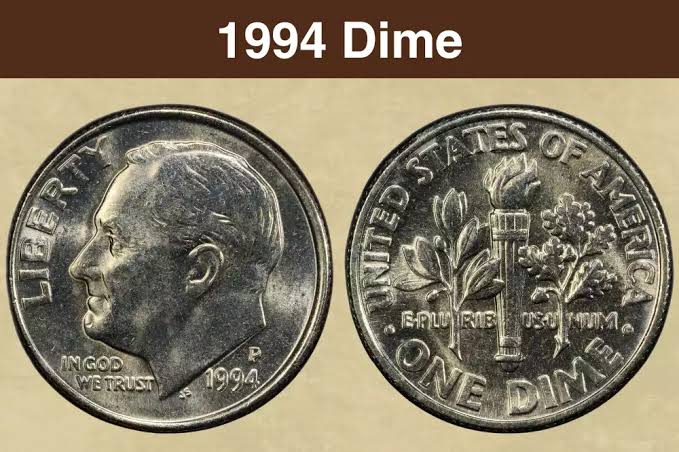 1994 Roosevelt dime obverse and reverse showing mint mark location and torch detail