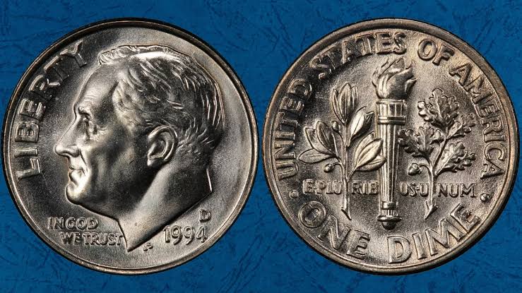 1994-D Roosevelt dime torch comparison: standard strike (left) vs Full Bands designation (right) showing complete horizontal band separation