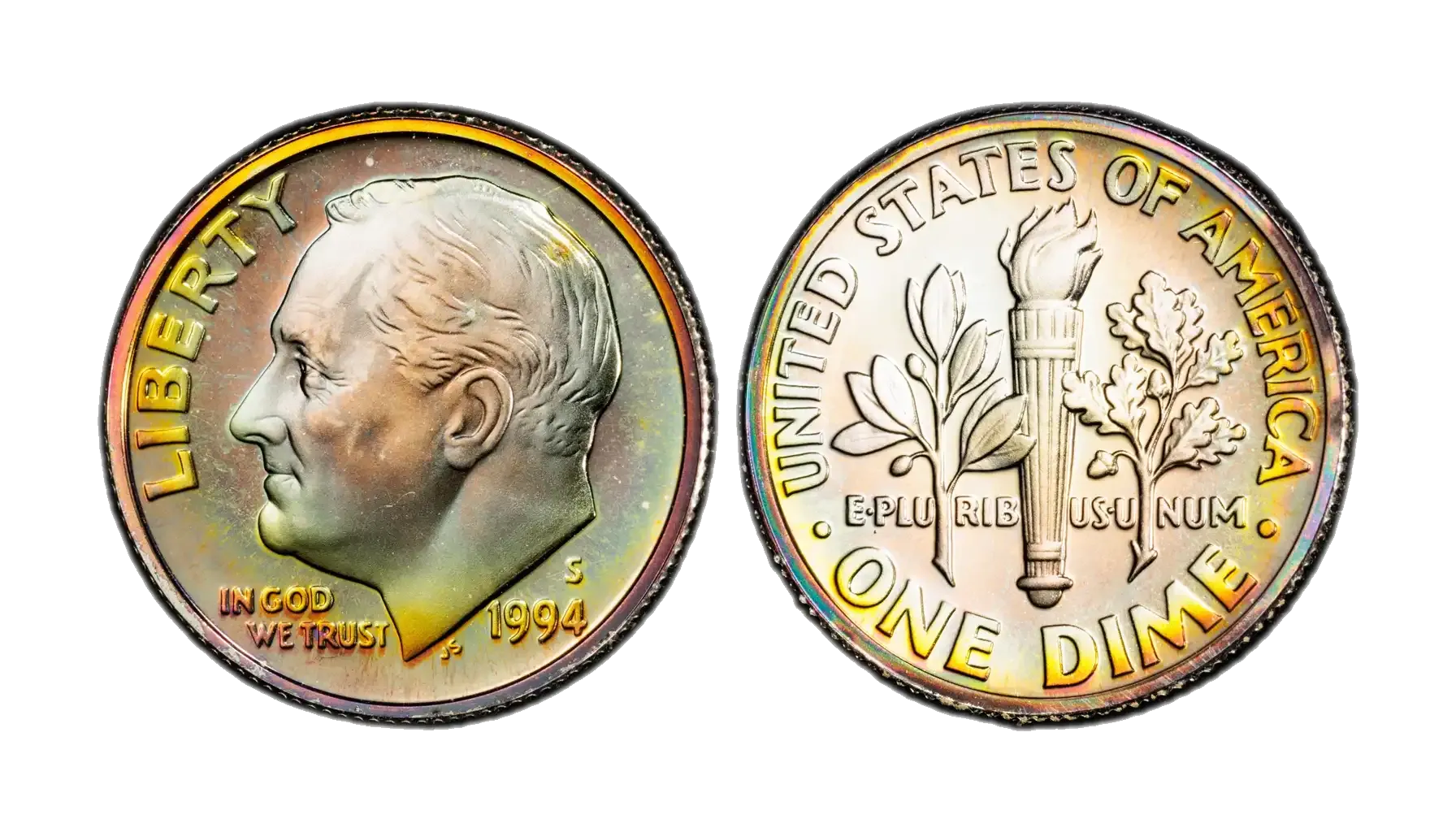 1994 dime doubled die obverse error showing visible doubling on obverse lettering under magnification