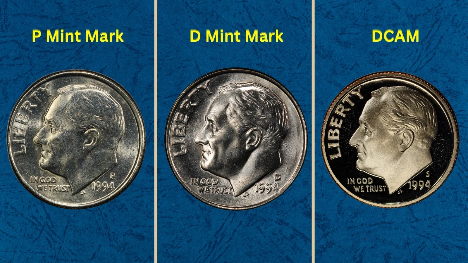 Group of 1994 Roosevelt dimes from Philadelphia, Denver, and San Francisco mints showing variety of conditions and mint marks