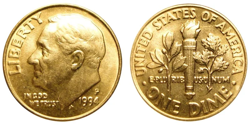 Grading strip showing four 1994 Roosevelt dimes in four condition tiers: worn, circulated, about uncirculated, and gem uncirculated